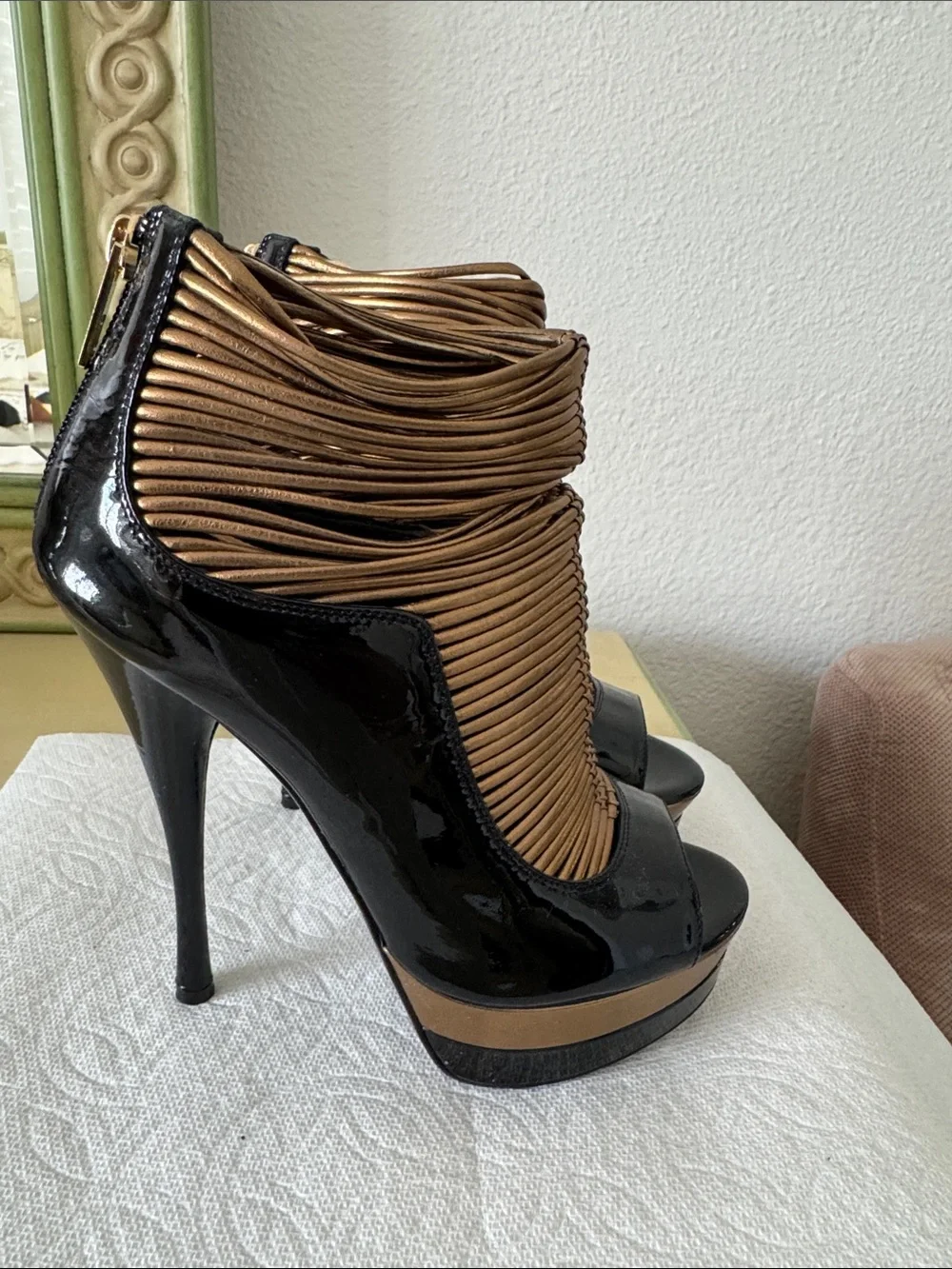Versace Black Patent and Metallic Gold Wrapped Open-Toe Ankle Booties